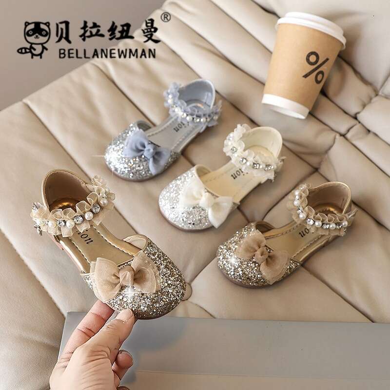 SHEIN Crystal Sequin 2025 Summer New Girls' Pearl Bow Princess Sandals Children's Shoes