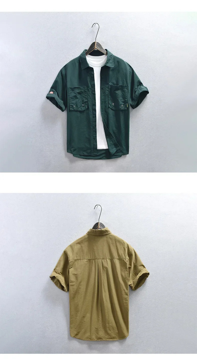 Japanese Style Cargo Shirt Men Summer Short Sleeve Casual Shirts Lapel Double Pockets Youth Streetwear Fashion Loose 250704