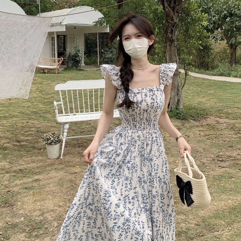 French Style Sleeveless Square Neck Strap For Women Summer New Waist-Cinching Slimming A-Line Midi Dress B5