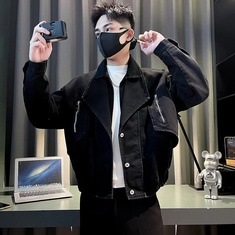Korean Fashion Water Denim Jacket for Men Autumn Loose Lapel Casual Jeans Social Streetwear Harajuku Hip Hop Coat Clothing 250704