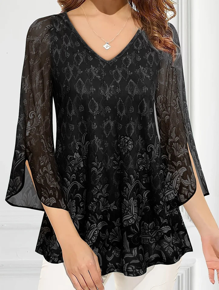 Plus Size Blouse Shirts Womens Lace Tops Blouses Spring Full Sleeve V-neck Black Green Purple Shirt Elegant Blouse Clothes 250708