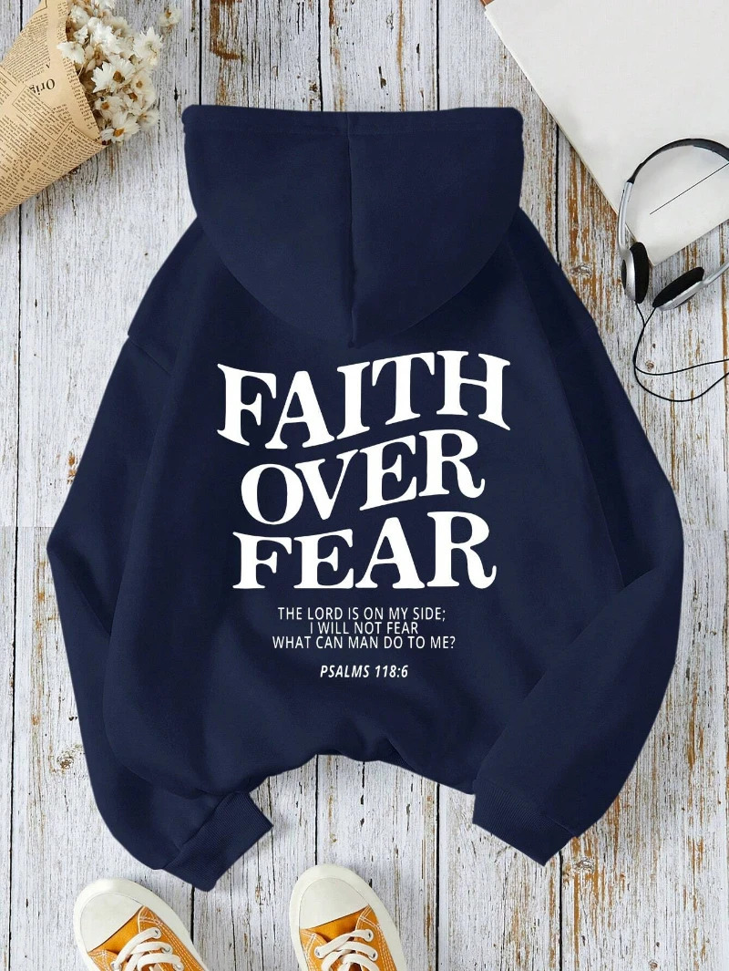 Casual Womens Hoodies Faith Over Fear Letter Printing Sweatshirts Fleece Warm Comfortable Pocket Pullovers Autumn Streetwear 250707