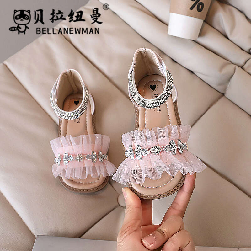 Girls Fashion Rhinestone Lace Sandals 2024 Summer New Baby Soft Sole Beach Children Open-Toe Roman Shoes