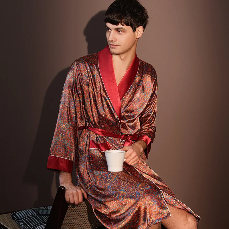 High Quality Nightrobes Men Summer Thin Bathrobe Large Size Ice Silk Printed Pajamas One-piece Robe Male Loungewear Gents Spring 250710