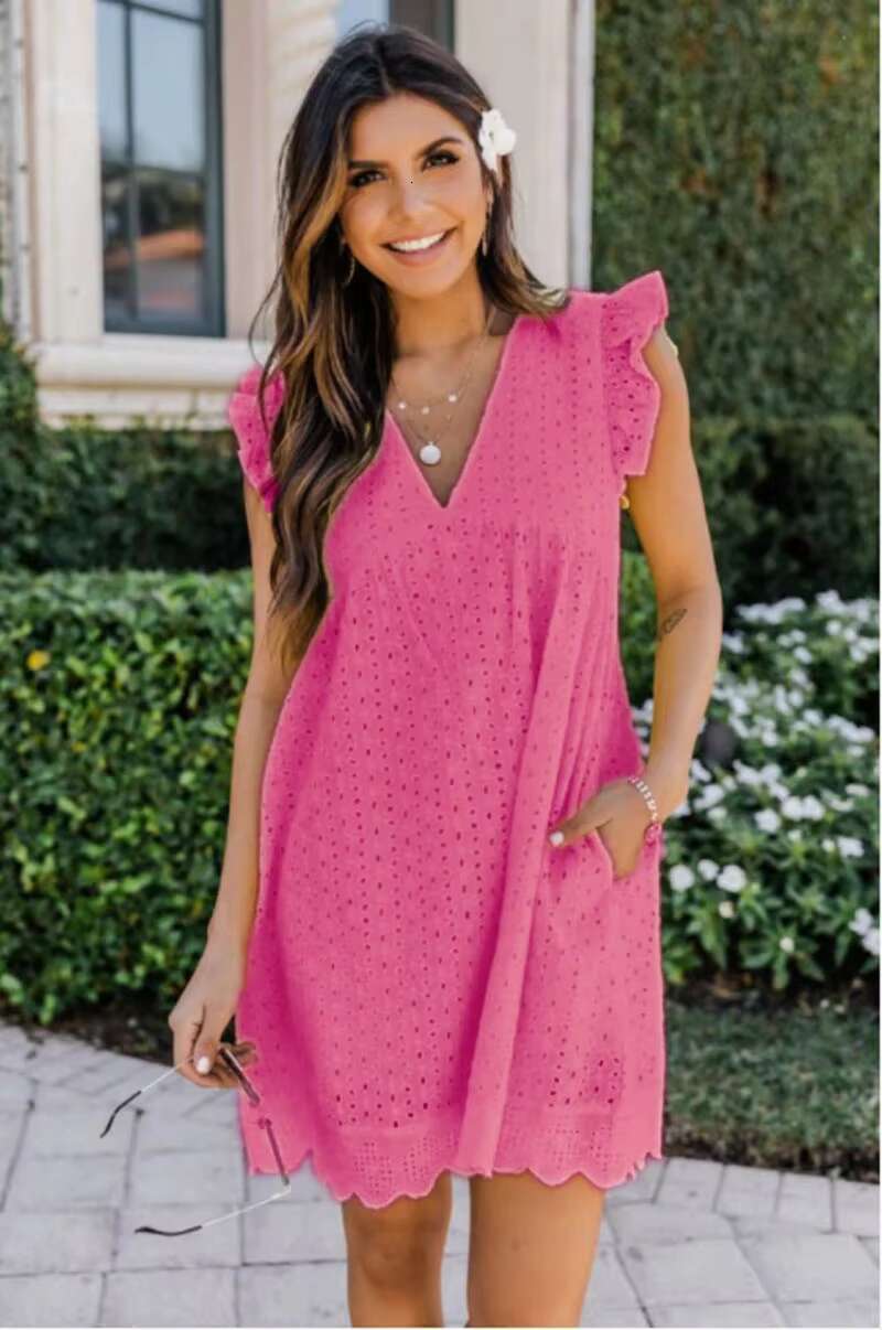 2023 California Romper V-neck Short Sleeve Lace Hollow Casual Party Dresses Ladies Summer Dress Women dongdumaoyi