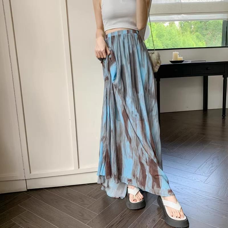 New women's dress retro Chinese ethnic style tie dye dress women's vacation style high waist slim fit A-line skirt pleated long skirt flared