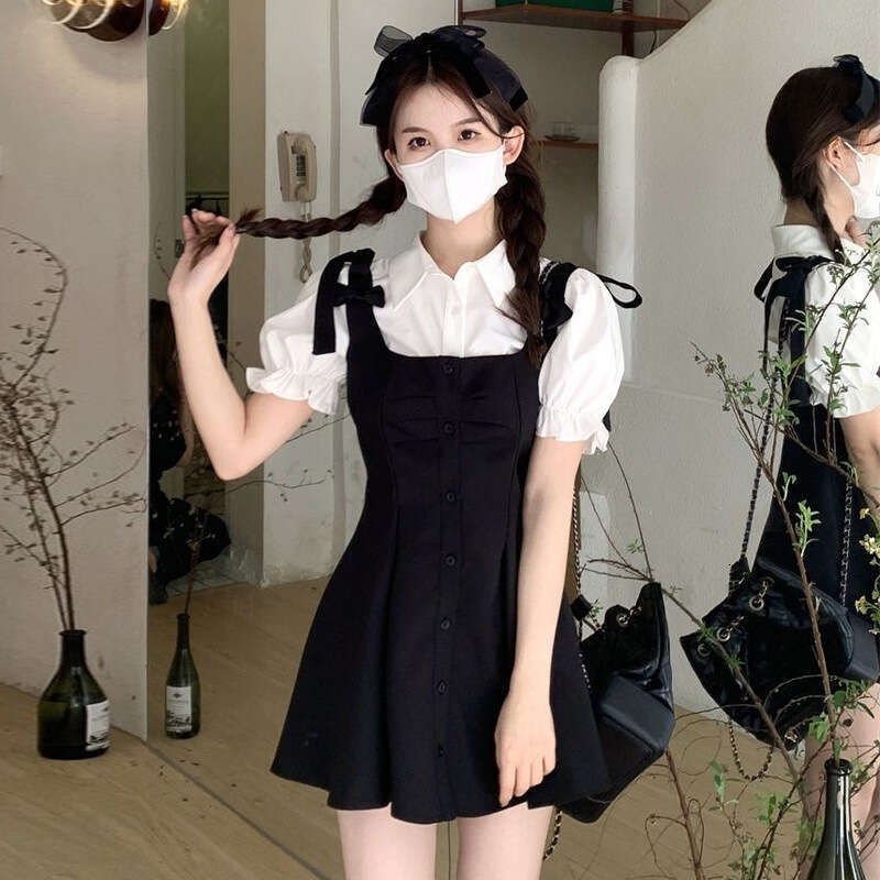 College Style Suit Petite Elegant Sleeve Shirt Black Strap Dress Two-Piece Set Waist-Cinching A-Line Short Skirt B5