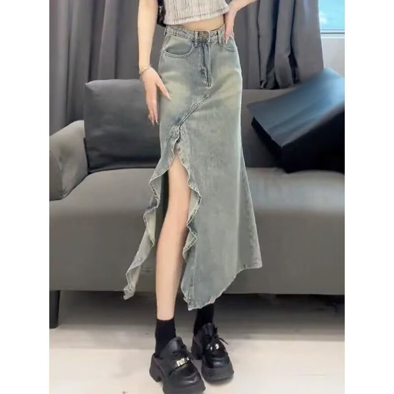 2025 New women's skirt high street irregular mermaid half skirt summer new high waist slim fit retro color A-line long skirt new designer skirt