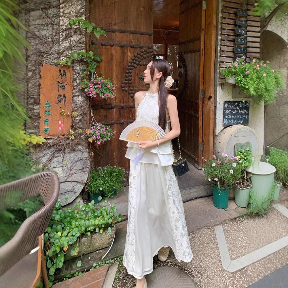 New Chinese Style National Trend Dress For Women High-End Butterfly Print Top Half-Length Long Skirt Two-Piece Summer Set B5