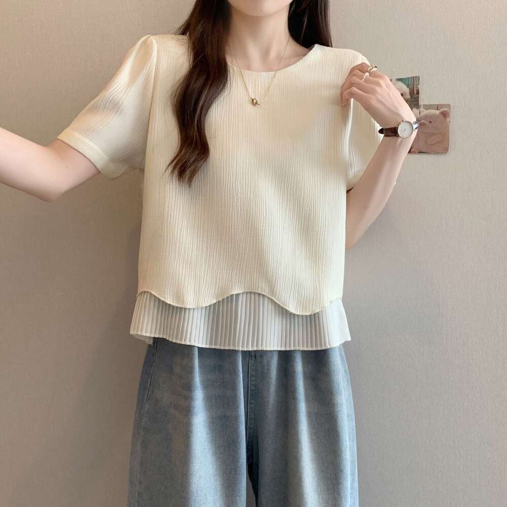 Plus Size Gentle Ruffled Patchwork Short Sleeve T-Shirt For Women Summer New Korean Style Regular Shoulder Design Niche Top B5 h7