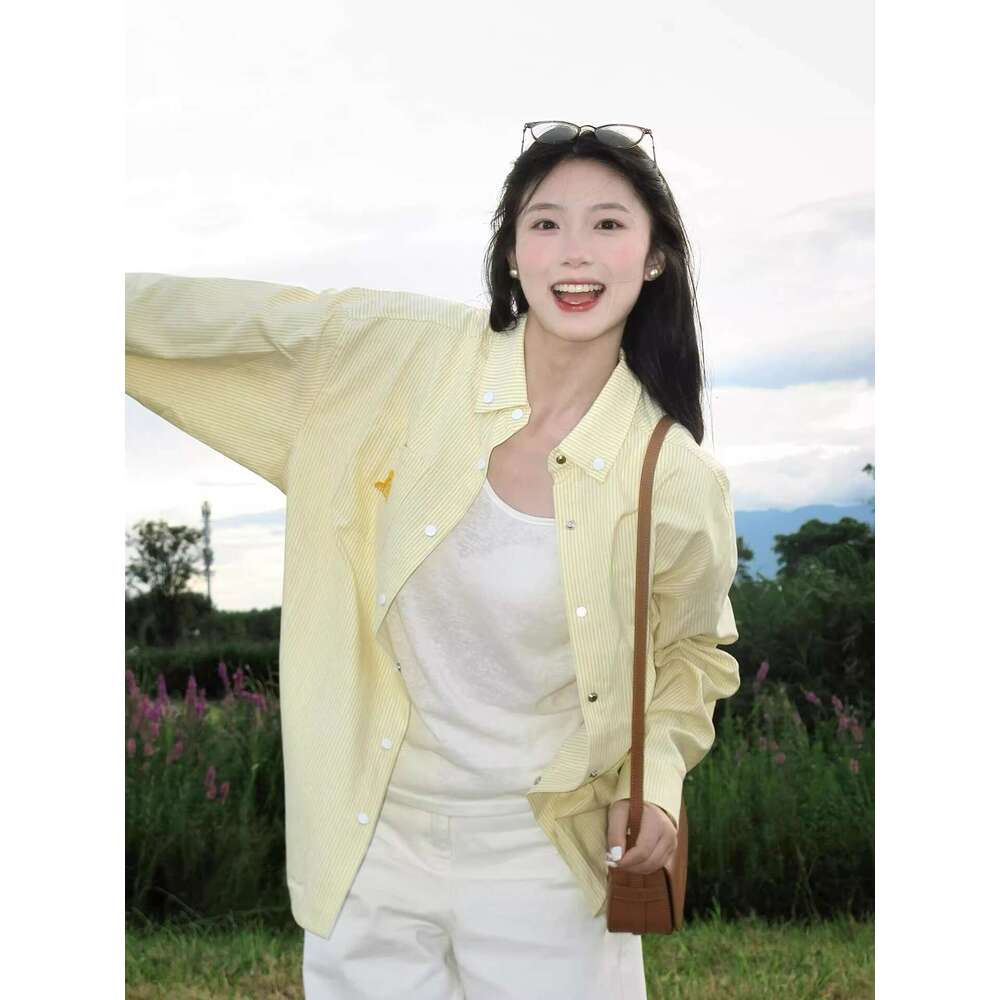 American Style Striped Shirt For Women With Design Sense, Dog Embroidery, Yellow Loose Sun Protection Jacket, Dopamine Top B5 h7