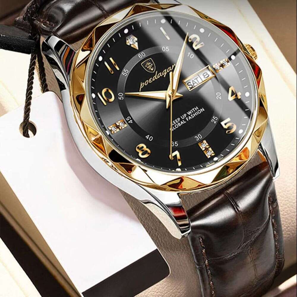 DHwatches Men's Leather Strap Watch - Waterproof 50M Luminous Quartz Wristwatch with Day & Date (Model 858 Leather)