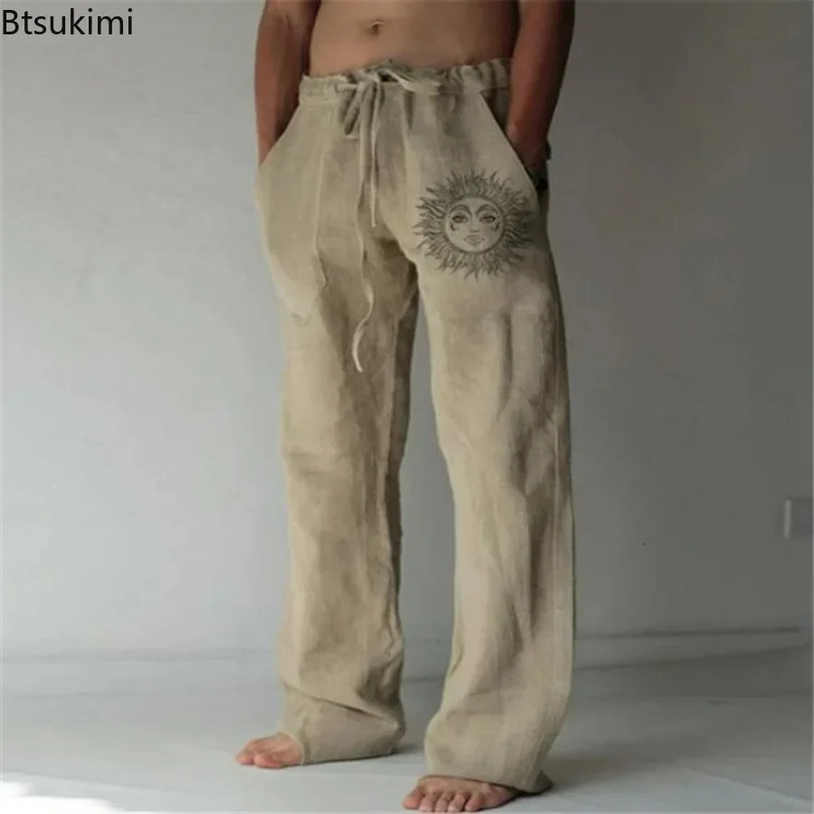 Mens Cotton Linen Pants Oversized Jogger Sweatpants Casual Flower Print Plus Size Loose Wide Leg Pants Men Casual Trousers 250708