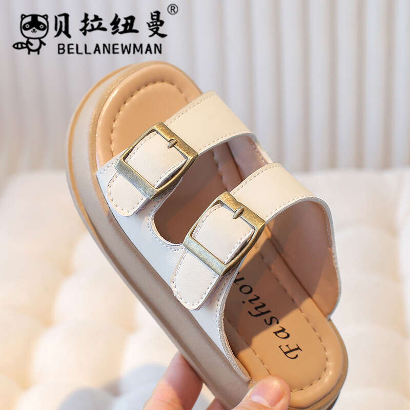 Children's Leather Casual Sandals 2025 Summer New Big Kids One-Strap Slippers Student Beach Shoes