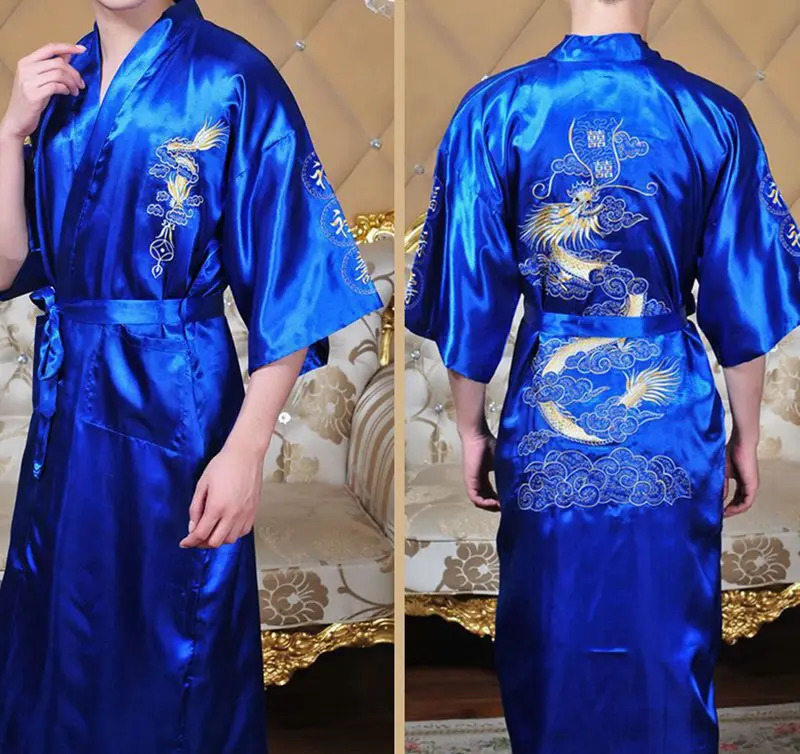 Man Homewear Long Bathrobe Satin Kimono Nightgown Chinese Style Robe Classical Embroider Dragon Loose Sleepwear Loungewear 250710