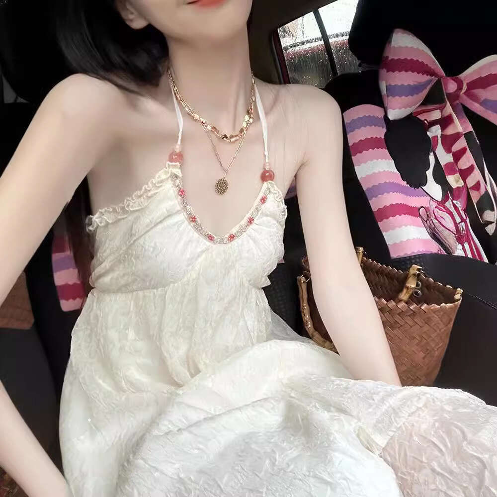 French Style White Halter Neck Strap For Women Summer New Beach Vacation High-End Elegant Long Dress B5