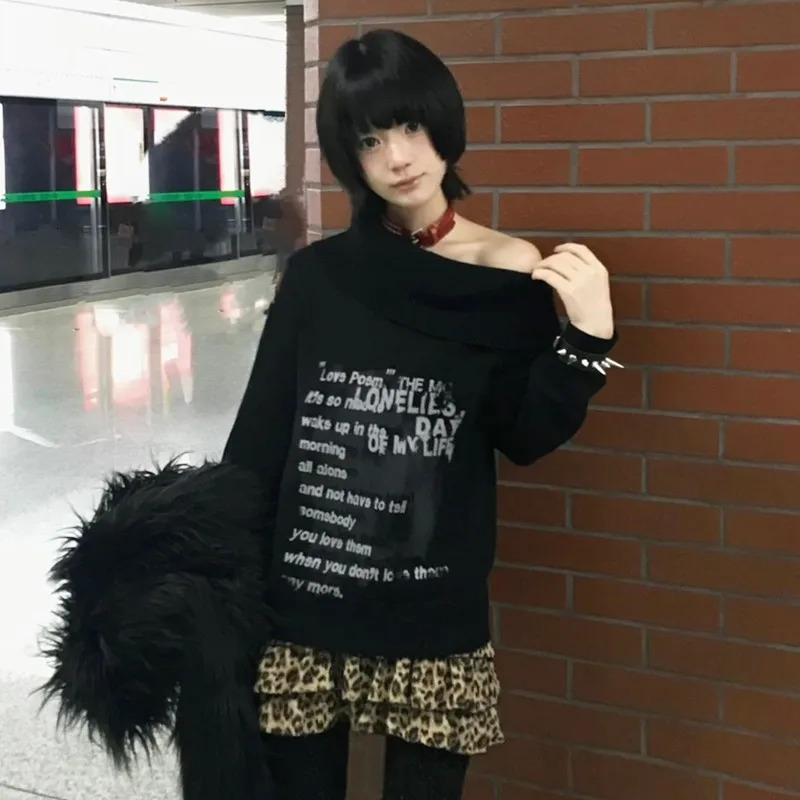 Karrram Japanese Y2k Off Shoulder Sweater Grunge Aesthetics Slash Neck Knitted Pullovers 2000s Vintage Korean Black Knitwear 250708