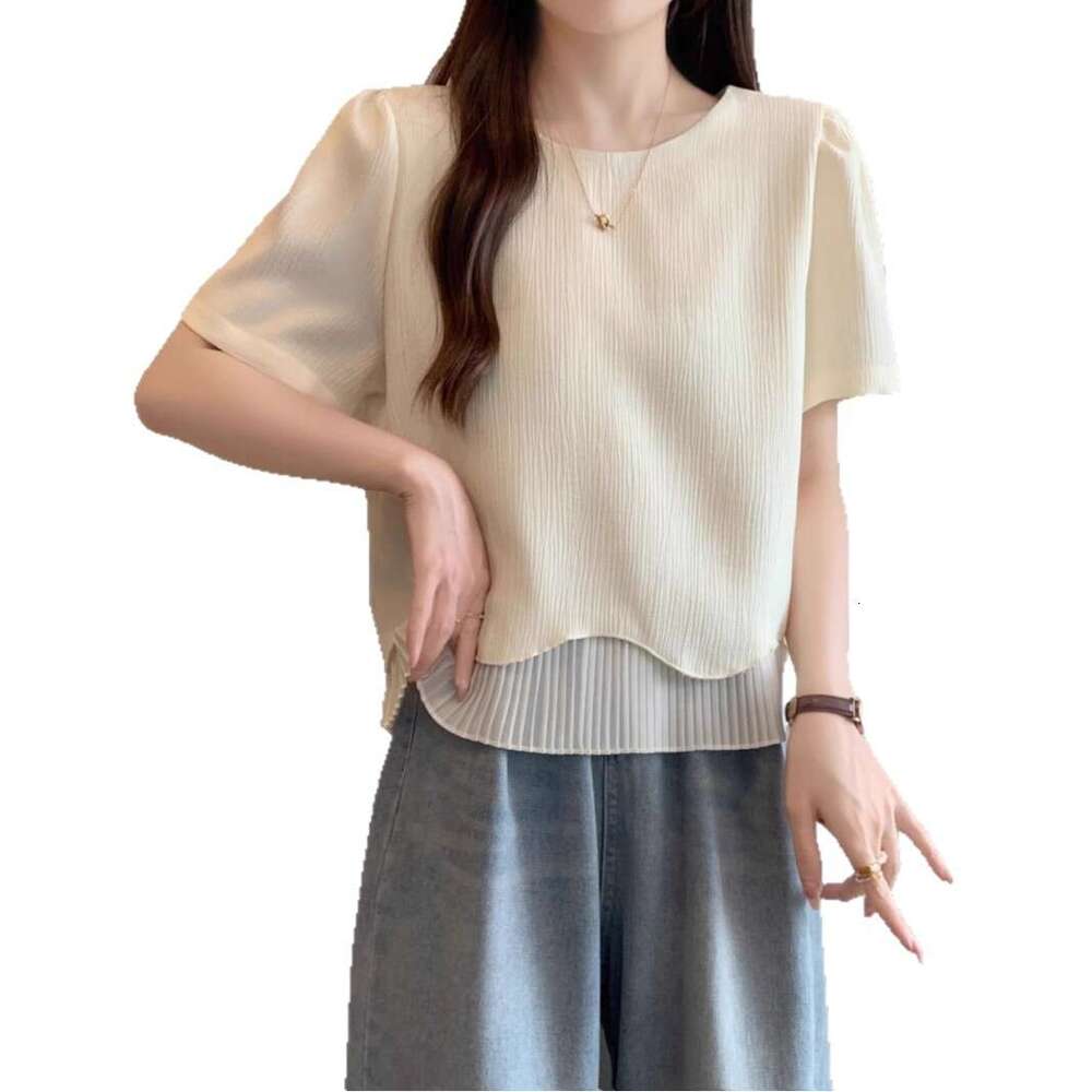 Plus Size Gentle Ruffled Patchwork Short Sleeve T-Shirt For Women Summer New Korean Style Regular Shoulder Design Niche Top B5 h7