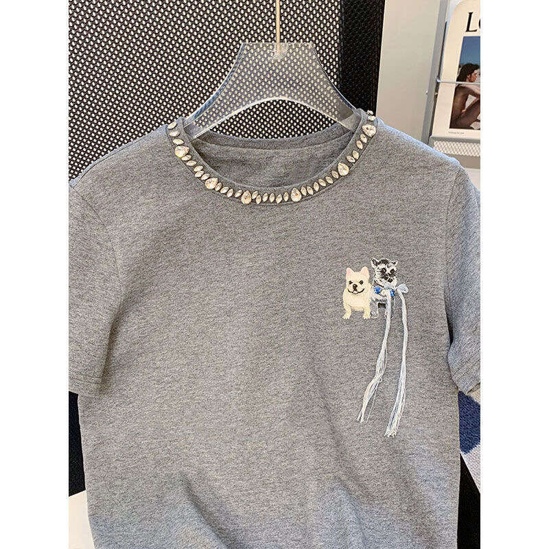 European Heavy Industry Rhinestone Gray Short Sleeve Pure Cotton T-Shirt For Women Summer New Loose Design Sense High-End Women's Clothing B5