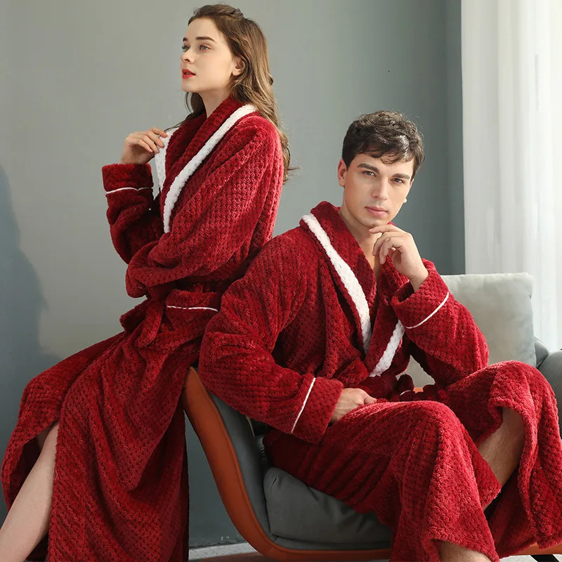 Winter Lovers Solid Flannel Thicken Robe Sets Couple Long Bathrobe Gown Nightwear With Pocket Intimate Lingerie Home Clothing 250710
