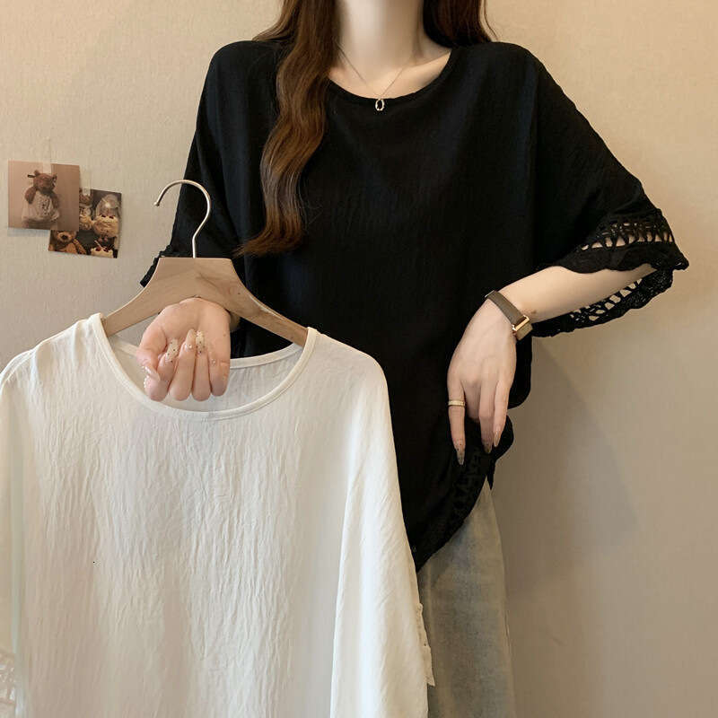 High-End Lace Hollow Short Sleeve T-Shirt Women Summer Plus Size Loose Stylish Top For Covering Belly B5
