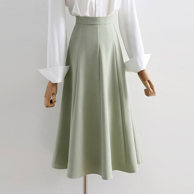 New women's half skirt, Korean style simple high waisted pleated suit skirt, women's four season loose and elegant mid length A-line flared 
