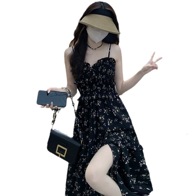 2025 New Women's Dress Black Sweet Flower Lace Dress Women's Summer New Elegant Dress Split Long Dress New Designer Dress