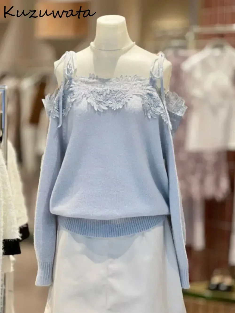 Kuzuwata Sweet Slash Neck Long Sleeve Pullover Knit Laces Patchwork Knitted Japan Embroider Off Shoulder Wool Sweaters 250708