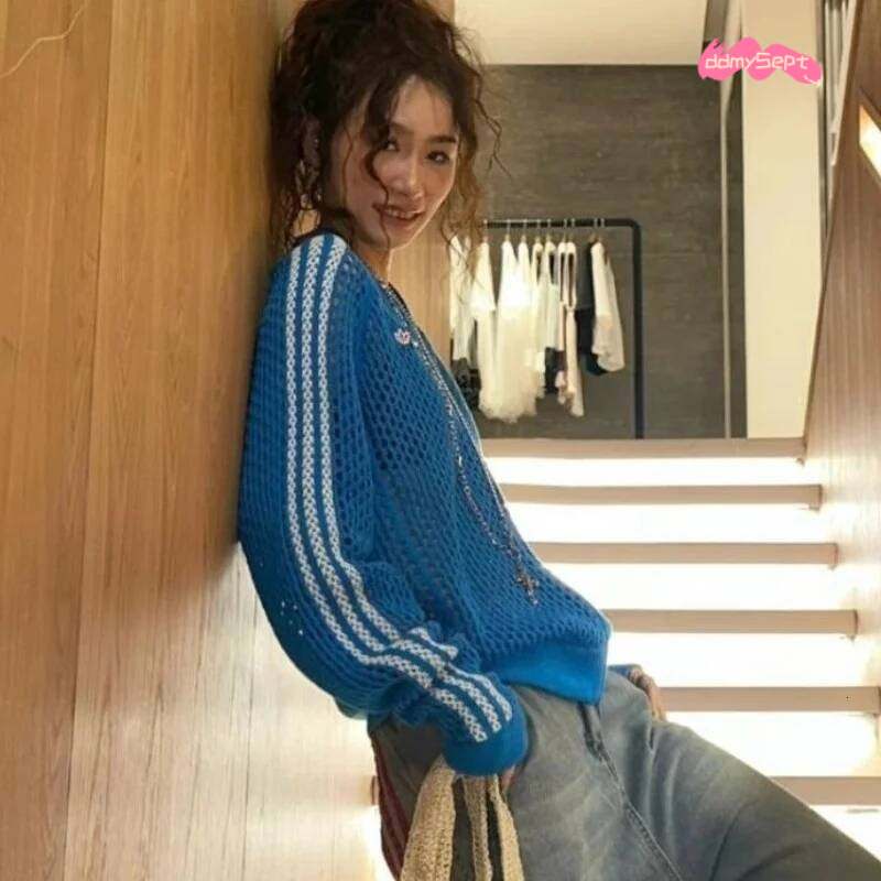 Spring Hollow Out Knitted Coats American Vintage Trend Striped Zipper Sweater Jacket Women Casual Loose Crochet Cardigan 144A ddmysept