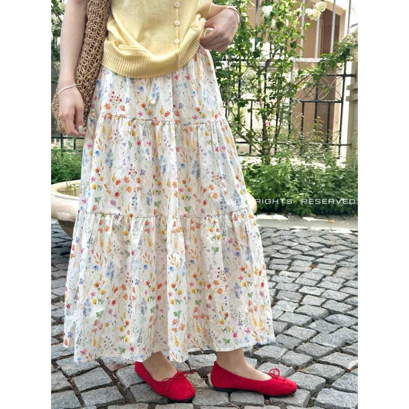 2025 New Women's Skirt Summer New Korean Printed Women's Dress Summer New High Waist Slimming Design Cake Medium length Skirt Fashion New De