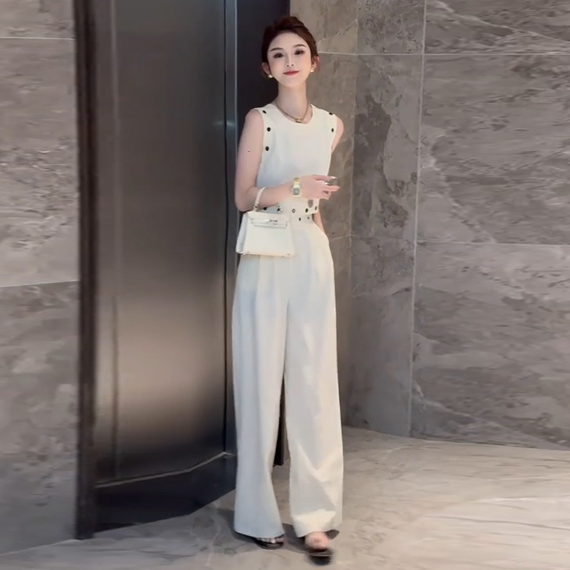 White Casual Fashion Sleeveless Set for Women Summer High-End Vest Top Wide-Leg Pants Two-Piece Set 241127