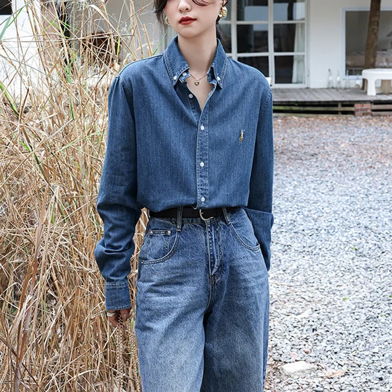 2024 American Style Vintage Denim Shirt Womens Zhengxiu Crystal Same Small Horse Embroidery Casual Jacket 250704