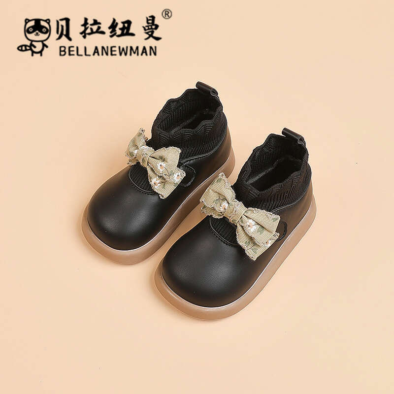 Girls' Bowknot Sweet Sock 2023 Autumn Fashion Children's Black Leather Boots for Young and Middle-aged Kids