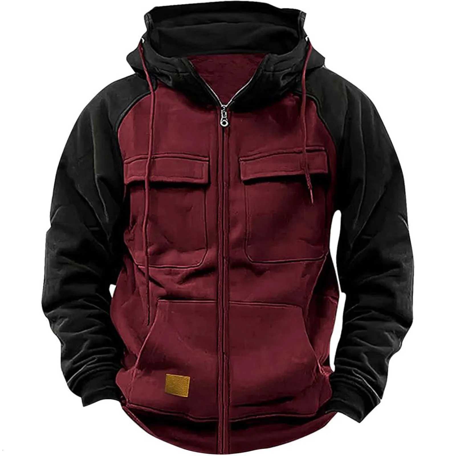 Autumn Winter Hoodies Men Zipper Patchwork Warm Fleece Sweatshirts Multi Pockets Mens Fashion Hooded Jacket Thick Outdoor Hoodie XJ250714