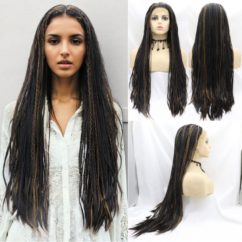 Black Mixed Curly Wigs Braided Look Like Human Hair Wigs Bohemian 24 Inch 360 Full Lace Front Wigs Braid Long Wig Women Synthetic Locs Cornrow Braids 