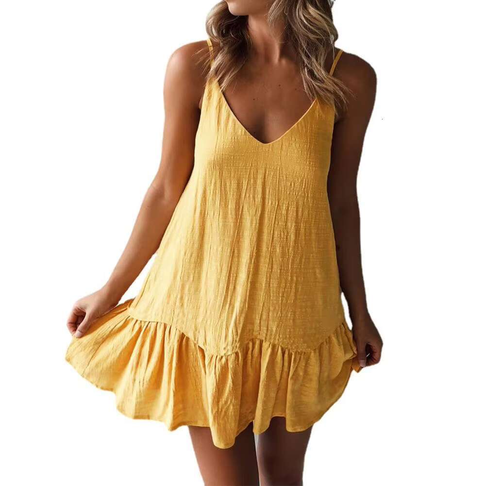 V Neck Summer for Dating Dress Solid Color Flounce Edge Spaghetti Strap Women Party Dresses dongdumaoyi