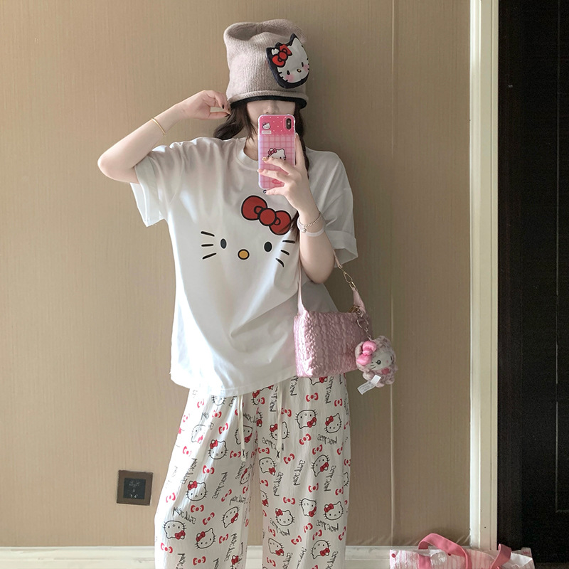 B972-Pajamas women summer pure cotton short-sleeved trousers cartoon student girl home clothes two-piece set