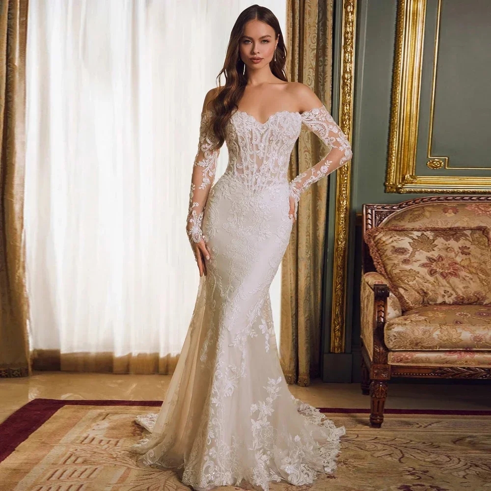 2025 Sexy Modern Mermaid Wedding Dress Sweetheart Lace Appliques Long Sleeves Church Bridal Gowns For Bride Vestidos De Noiva