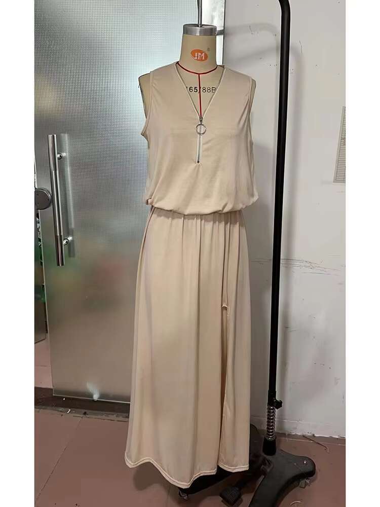 Fashion Sleeveless Tank Zipper Long Dress 2023 Summer Loose Casual Solid Slit Elegant Ladies Dresses For Women dongdumaoyi