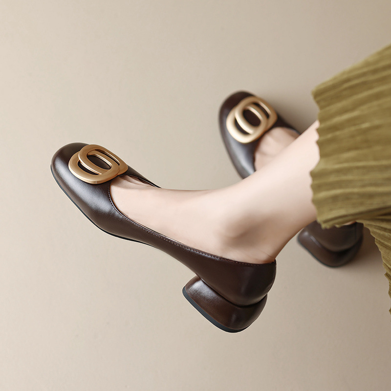 Women's Round Toe Block Heel Pumps - 3cm Comfort Office Shoes in Black/Brown (Spring Collection)