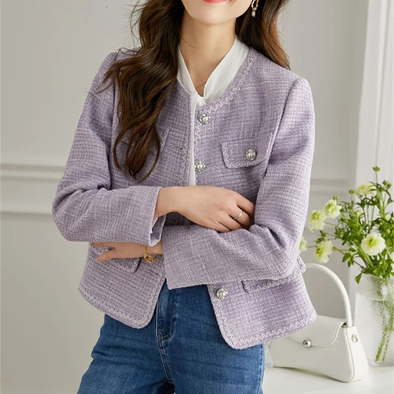2025 Fashion Purple Tweed Suit Jacket Womens Short Coat Spring Autumn Streetwear O-neck Blazers Lady Casual Top Slim Outerwear 250709