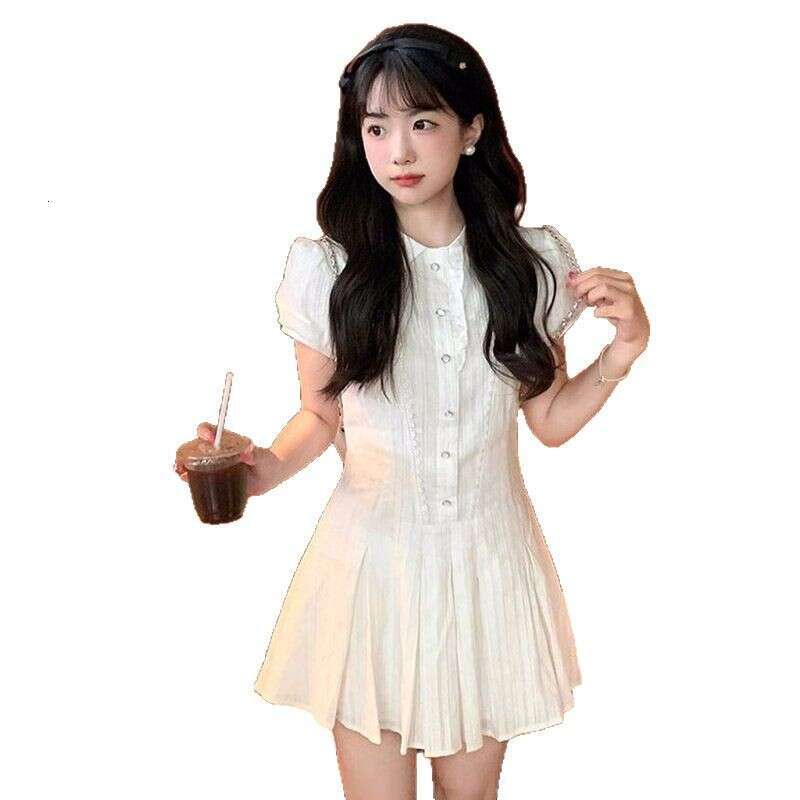College White Puff Sleeve Shirt For Women Summer French Style Elegant Petite Waist-Cinching Sweet Short Dress B5