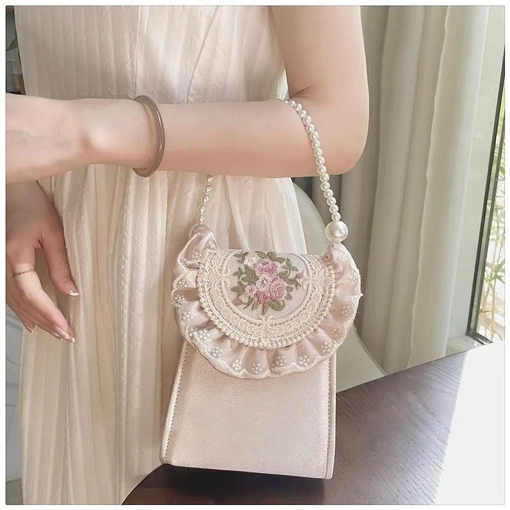 JIAERDI Vintage Embroidery Handbag Women Pearl Handle Purse Pink Flowers Clutch Evening Party Bag Small Phone Bags 250704