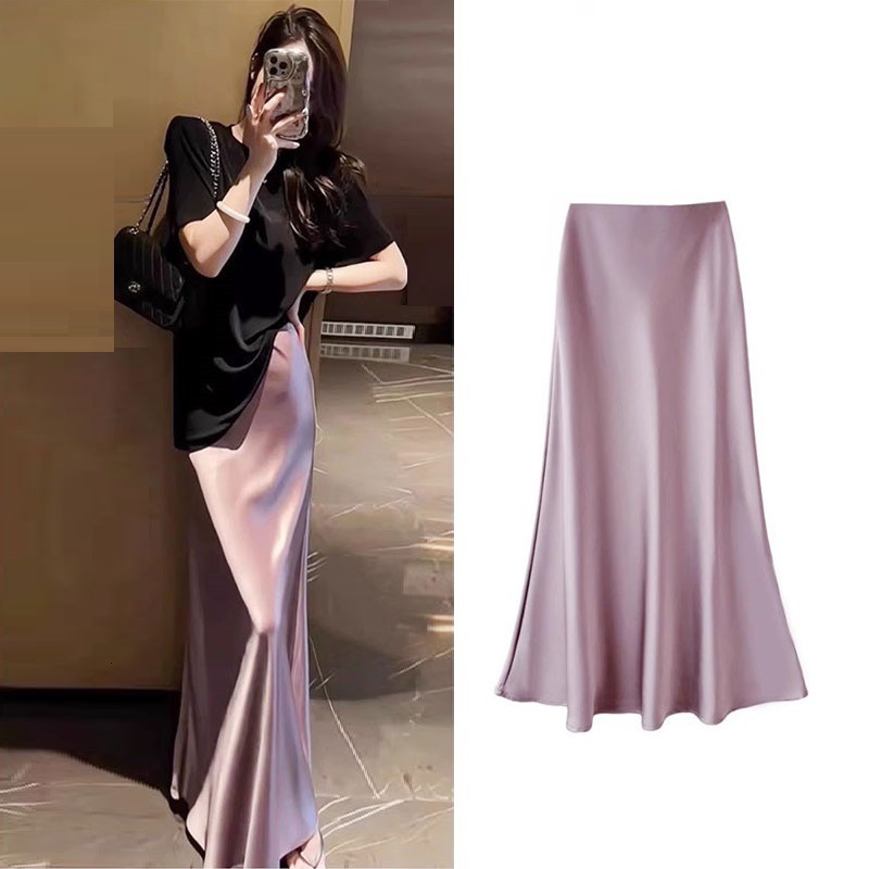 New women's skirt new high waisted slim fit mid length skirt women's satin tight mermaid long skirt summer pleated skirt new designer dress