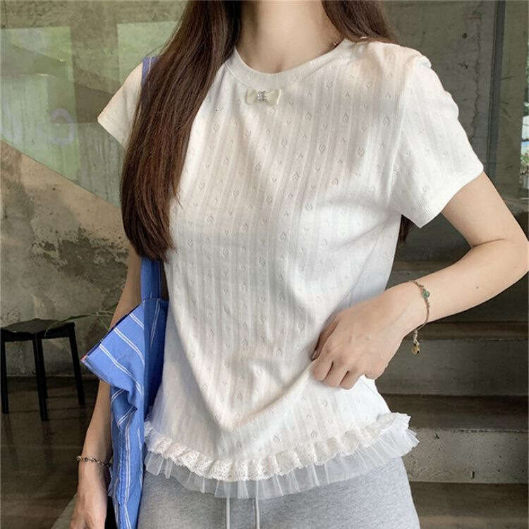 French Gentle Style Sweet Lace Trim Short Sleeve T-Shirt For Women Summer Fashion Jacquard Versatile Top B5
