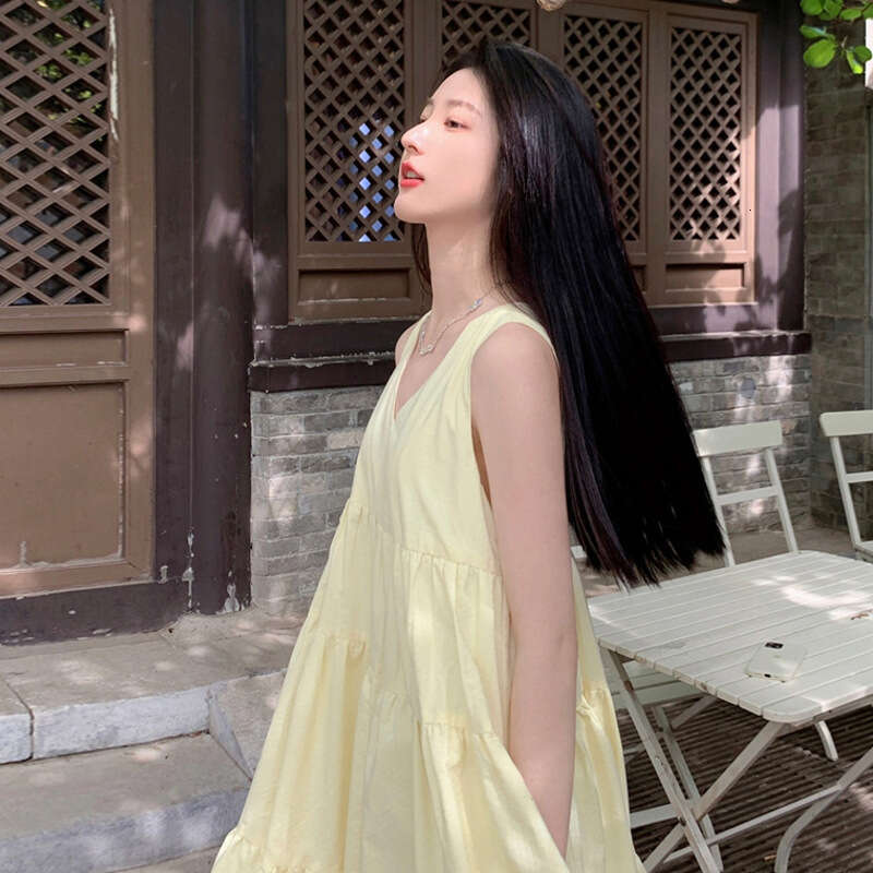 French Style High-End V-Neck Sleeveless Puff For Women, Summer Elegant Loose Fit, Tummy-Covering Slimming Long Dress B5