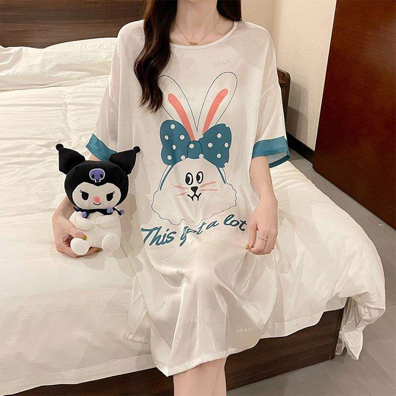 Y24-Ice silk pajamas women's summer nightdress new cartoon large size thin short sleeves can be worn outside home clothes