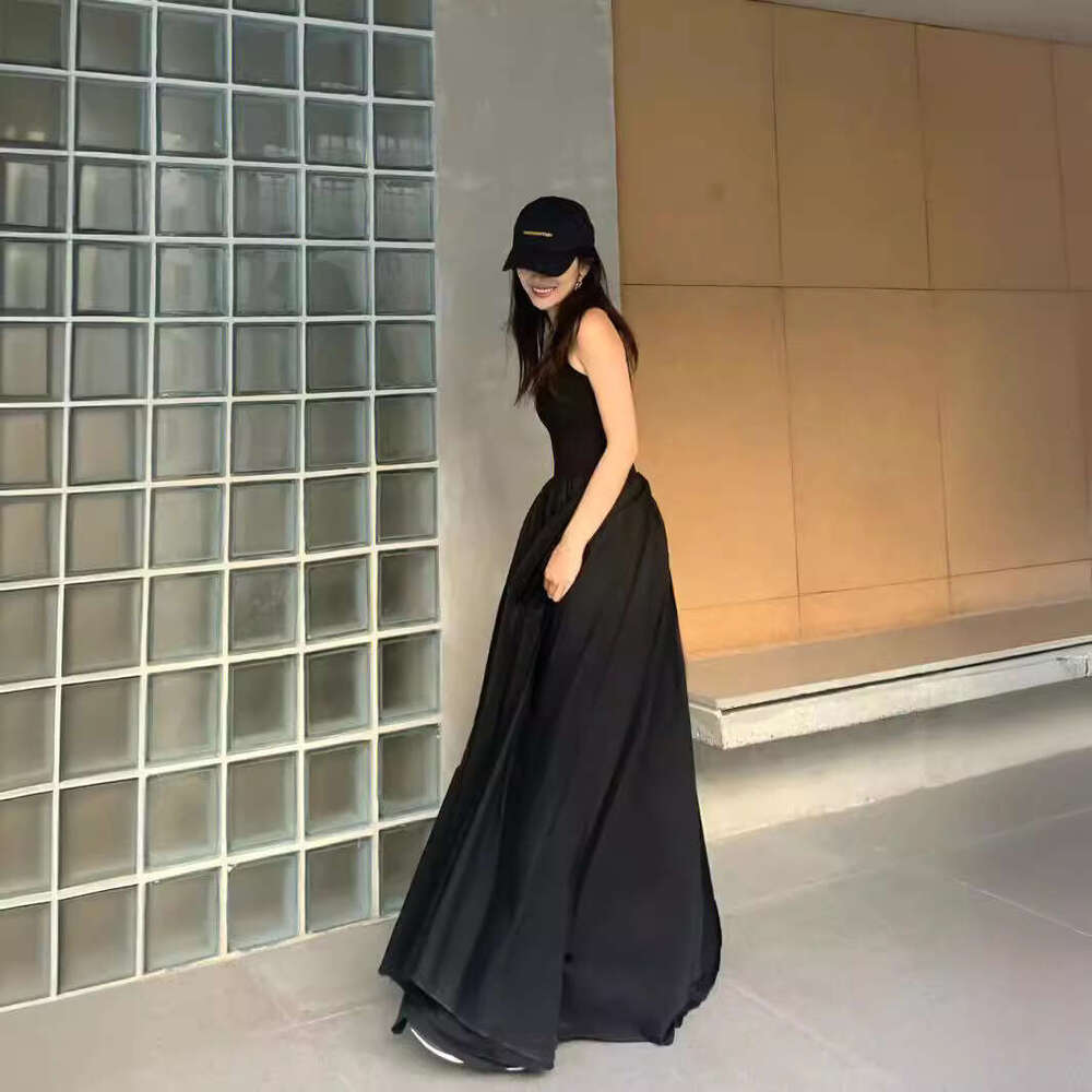 Korean Version Simple Black Dress For Women, Niche Design, Strap Vest, Sleeveless Long Dress, Summer Small Size Women B5