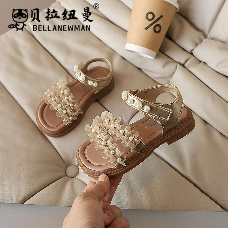 Children's 2025 Summer New Sweet Pearl Princess Shoes for Little Girls Korean Style Fashion Lace Edge Sandals