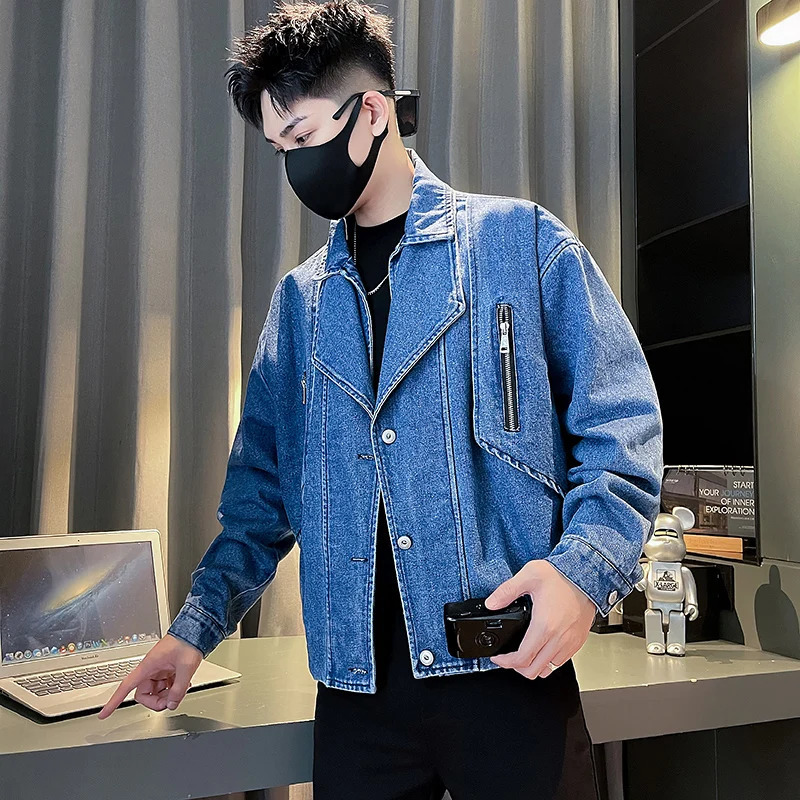 Korean Fashion Water Denim Jacket for Men Autumn Loose Lapel Casual Jeans Social Streetwear Harajuku Hip Hop Coat Clothing 250704